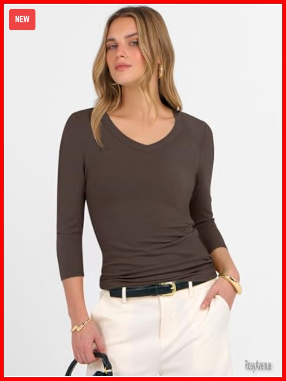 Women's Ribbed Knit V-Neck 3/4 Sleeve Slim Fit T-Shirt - Picture 2 of 7